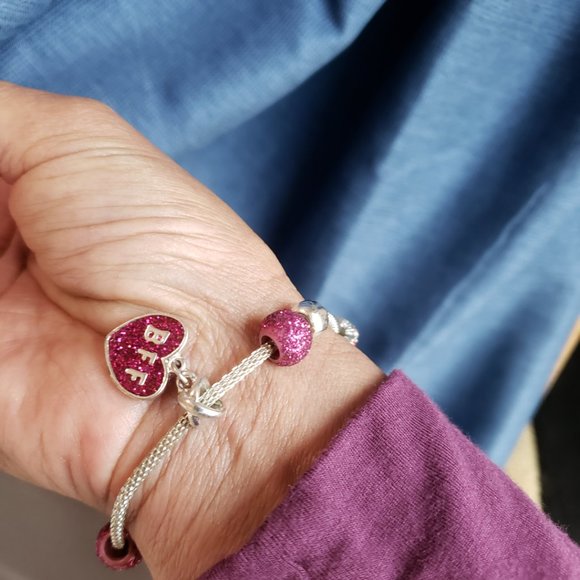 Silver Tone Hot Pink BFF Heart Beads Snake Chain Bracelet 8" Total L 2" Dia - Picture 9 of 11